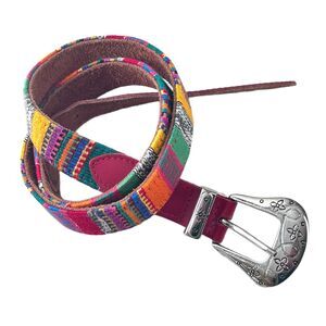 Colorful Central American Woven Belt Red Leather Ends Tooled Silver Buckle M/L